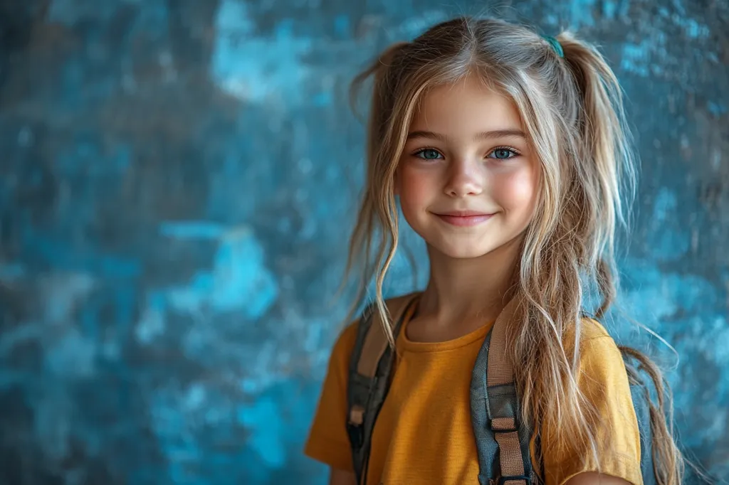 A young girl with long blonde hair tied in two pigtails smiles sweetly at the camera. Her blue eyes sparkle and her face is rosy. She wears a bright yellow t-shirt and a grey backpack. The background is a textured blue wall. She looks happy and carefree.  The image captures the innocence and beauty of childhood.