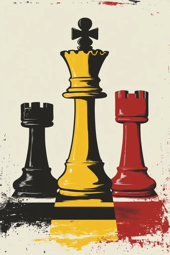 The image depicts three chess pieces standing on a chessboard. A yellow queen stands in the center, with a black rook on the left and a red rook on the right. The background is a distressed, beige-toned texture with splashes of red. The bold colors and simple design create a striking visual that evokes a sense of strategy and competition.