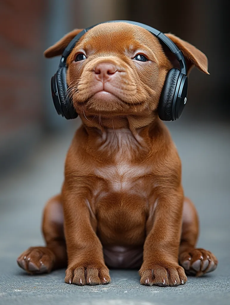 A cute, brown puppy is sitting on a gray surface. It is wearing large black headphones and looking up with a curious expression. The puppy has big, dark eyes and soft, brown fur. Its paws are visible, and its tail is tucked behind its legs. The puppy appears to be listening to music and enjoying itself.
