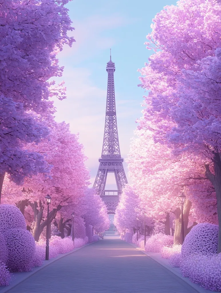 The Eiffel Tower stands tall in the middle of a picturesque scene.  Rows of blossoming trees in vibrant shades of pink line a paved path leading towards the iconic landmark. The sky is a soft blue, and the overall tone is dreamy and romantic, capturing the essence of Paris in springtime.