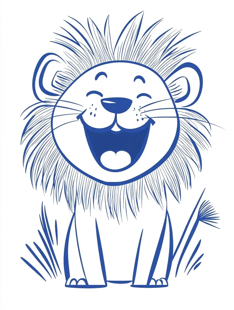 The image shows a cartoon lion with a big smile. The lion has a fluffy mane, big ears, and a long tail. The lion is standing on all fours, and it is surrounded by grass. The lion is drawn in a simple, cartoon style. The drawing is in blue ink on a white background. The lion's happy expression and the simple style of the drawing make it a cheerful and whimsical image.