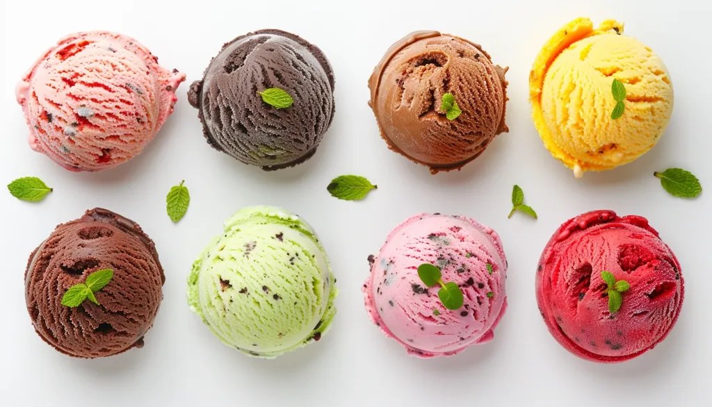 Eight scoops of ice cream are arranged in a circle on a white background, each a different flavor. The flavors are: strawberry, chocolate, vanilla, mango, mint chocolate chip, strawberry, chocolate, and raspberry. Each scoop has a small sprig of mint on top.