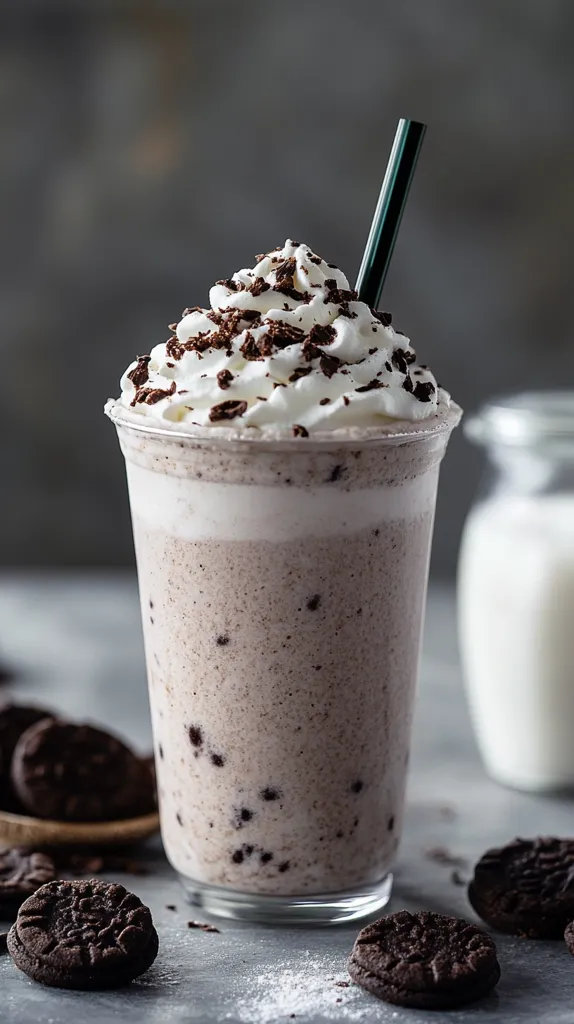 A tall glass filled with a creamy milkshake topped with whipped cream and chocolate sprinkles. It's served with a straw and surrounded by chocolate cookies. The milkshake has a smooth and creamy texture, with a hint of chocolate flavor. The cookies are crisp and delicious, providing a perfect contrast to the soft milkshake. It's a sweet and satisfying treat for any occasion.
