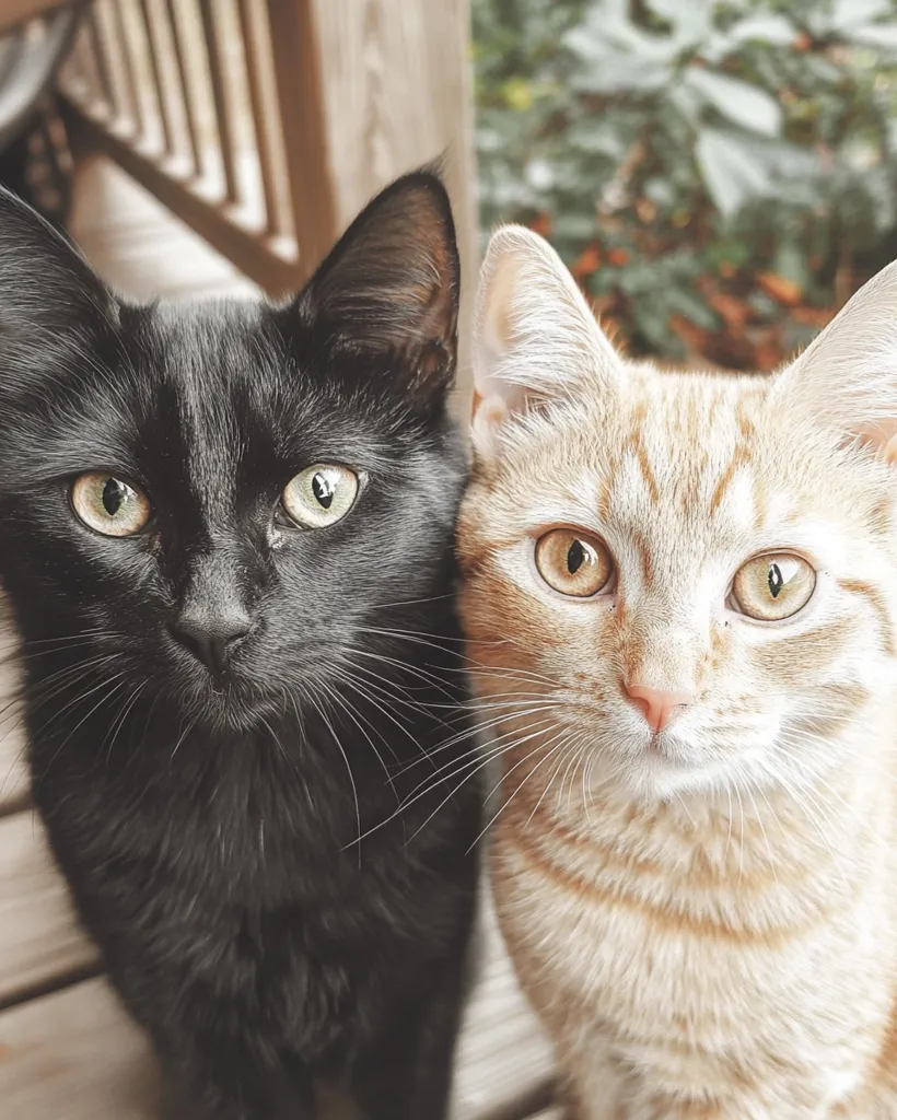 Two cats, one black and one orange, are side-by-side. The black cat is on the left, looking at the camera with a serious expression. The orange cat is on the right, also looking at the camera with a slightly more playful expression. They are both standing on a wooden deck, and a blurry green background suggests they are outdoors. The black cat has long, dark fur and bright green eyes. The orange cat has short, soft fur and golden eyes. Their contrasting colors and expressions create a striking visual contrast.
