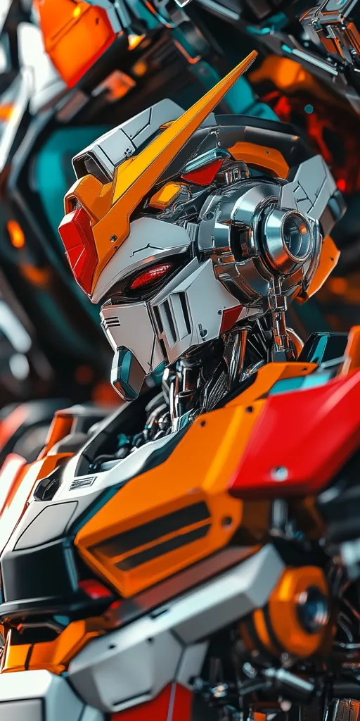 The image showcases a close-up of a robot's head. The robot is predominantly white with orange and red accents, with a complex design featuring intricate details and visible machinery. The head is angled towards the viewer, revealing a menacing expression with a prominent, glowing red eye. The image is stylized with a futuristic and somewhat menacing aesthetic, evoking a sense of power and advanced technology.
