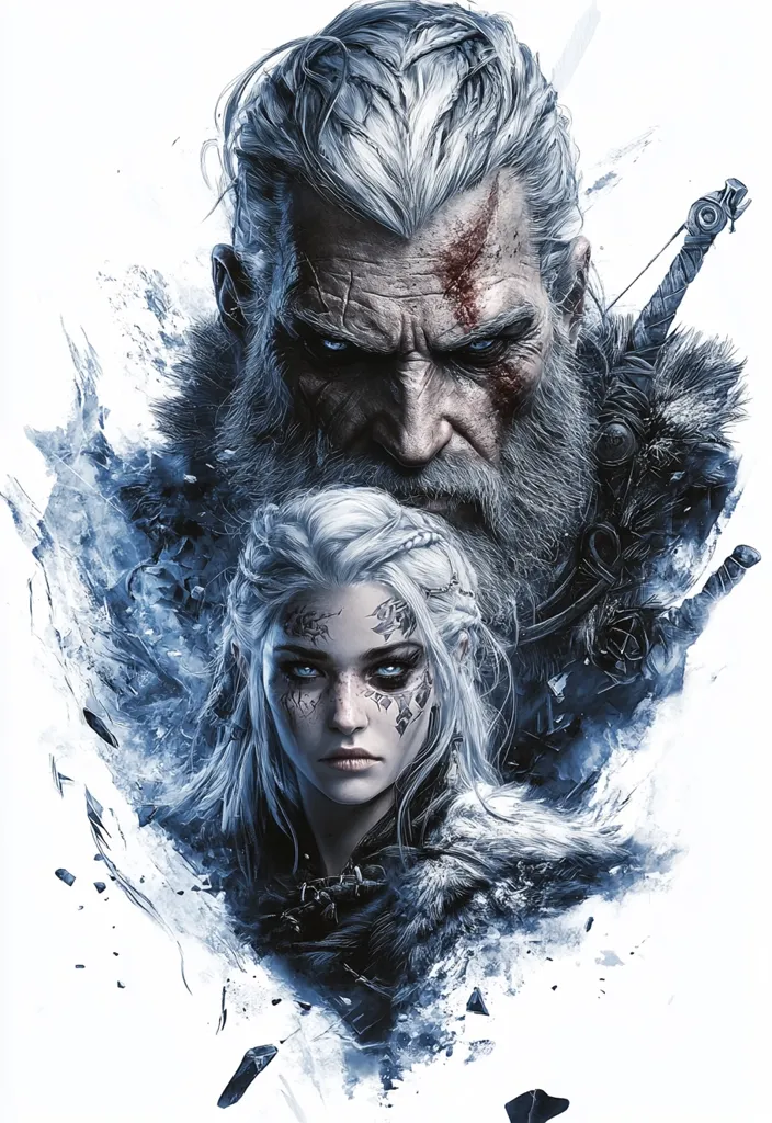 The image features a close-up portrait of Geralt of Rivia, a white-haired, grizzled Witcher, with a woman standing in front of him. Geralt has a stern expression and a scar across his face, while the woman has a determined look in her eyes and intricate facial markings. The background is a swirling, blue, abstract design that suggests a cold, wintry environment. The overall tone of the image is one of strength, determination, and a sense of impending danger.