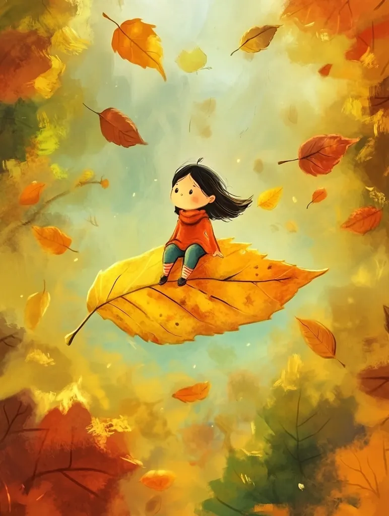 A young girl with long black hair, wearing a red sweater and blue pants, sits on a large yellow leaf. The leaf is surrounded by falling autumn leaves, creating a whimsical and magical scene. The warm colors and gentle brushstrokes evoke a sense of peace and wonder. The image is a beautiful depiction of the joy and innocence of childhood.