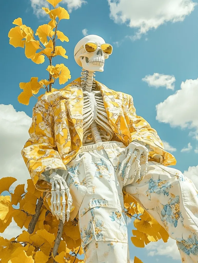 A skeletal figure, wearing yellow sunglasses and floral-patterned clothing, sits amidst a vibrant yellow ginkgo tree. The skeleton's pose suggests a relaxed, almost nonchalant attitude, as it casually rests its hand on the tree branch. The bright blue sky and fluffy white clouds provide a contrasting backdrop. The image juxtaposes the fragility of life with the vibrant beauty of nature.
