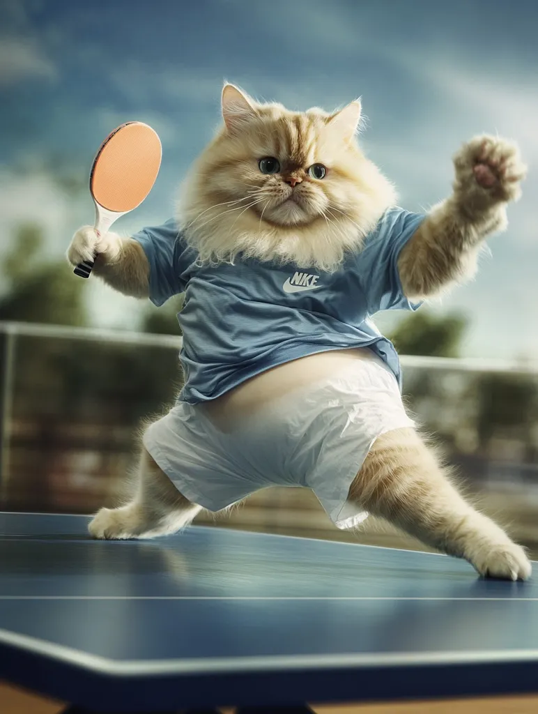 A fluffy, white and ginger cat wearing a blue t-shirt with a white Nike logo and white shorts, stands on a ping pong table, ready to serve the ball. The cat is holding a ping pong paddle with a determined look on its face. The background is blurred, with a blue sky and a green court visible. The cat is the focal point of the image, appearing ready for a game of ping pong.