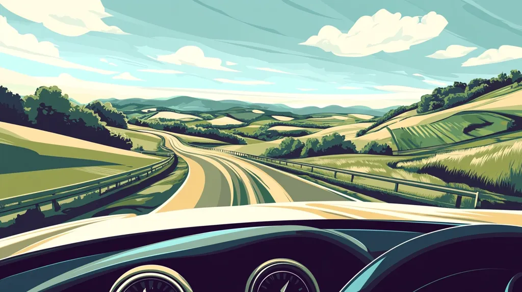The image depicts a scenic drive through rolling green hills. The road winds its way through a picturesque landscape, with lush fields and trees lining the way. The sky is a bright blue, dotted with fluffy white clouds. The view is captured from inside a car, with the steering wheel and dashboard visible in the foreground. The image evokes a sense of freedom and adventure, inviting the viewer to imagine themselves on a road trip through beautiful countryside.