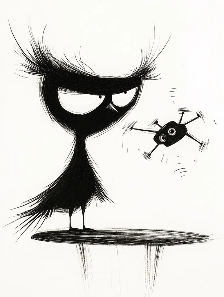 A black and white illustration of a bird with a long, pointed beak and large, angry eyes. It is standing on a platform, staring at a small, flying drone. The bird's feathers are drawn with long, thin lines, giving it a somewhat sinister appearance. The drone is also black and white, with two large eyes. It is flying above the bird, as if it is trying to escape. The image is drawn in a simple style, with few details. The overall effect is one of tension and unease.