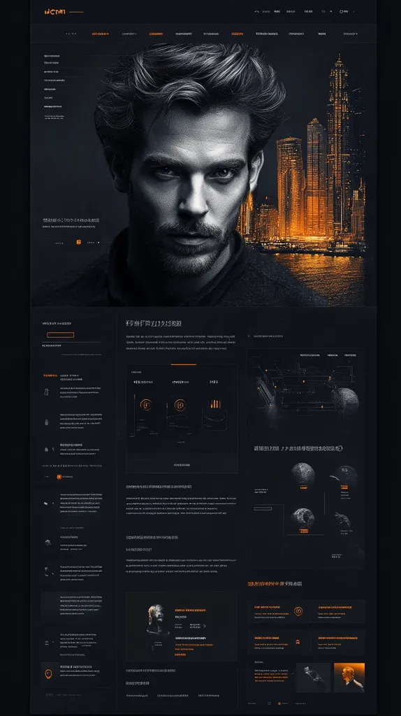 The image shows a dark, futuristic website design. A man's face fills the top portion, his gaze intense, while the background features a city skyline with warm orange lights. Below, the site is packed with information organized in grids, boxes, and graphics, all rendered in dark grays with hints of orange. The overall style is sleek, modern, and visually striking.