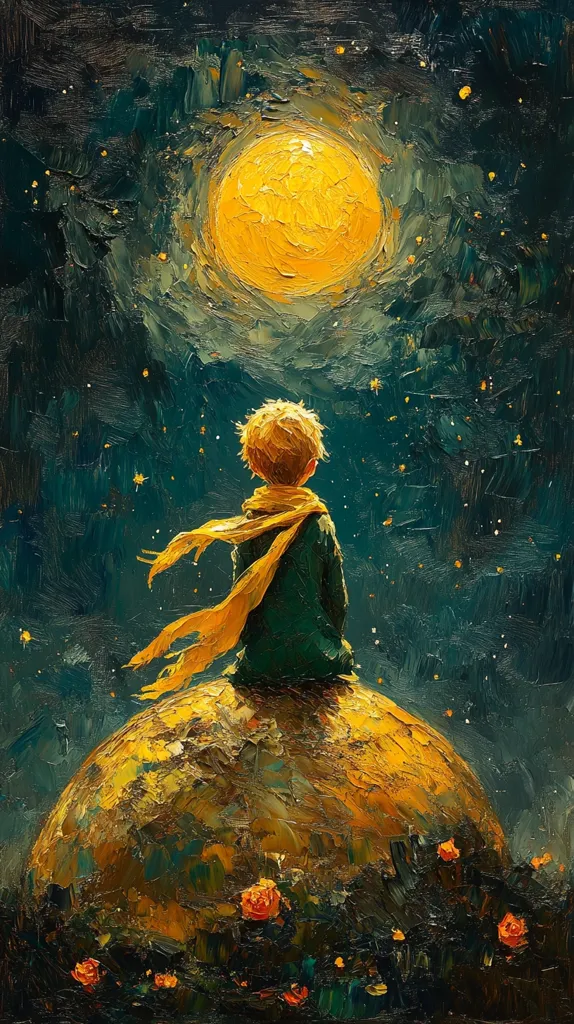 The Little Prince sits atop a small, yellow planet with a large, bright yellow moon in the background. The painting is in a thick, textured style with visible brushstrokes. The Prince is wearing a yellow scarf that flows in the wind. The planet and moon are covered in small, twinkling stars. The painting evokes a sense of wonder and nostalgia.