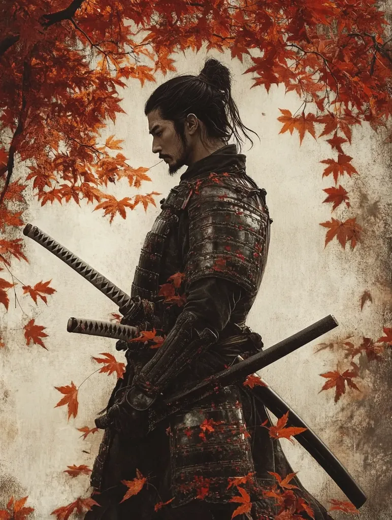 A lone samurai stands in a forest of red autumn leaves. He is clad in black armor, his face obscured by the shadows. He holds two swords, one in each hand. His posture is stoic and his expression is serious. The image is full of mystery and intrigue, suggesting a tale of honor, loyalty, and perhaps even violence. The falling leaves create a sense of transience and the inevitability of change.