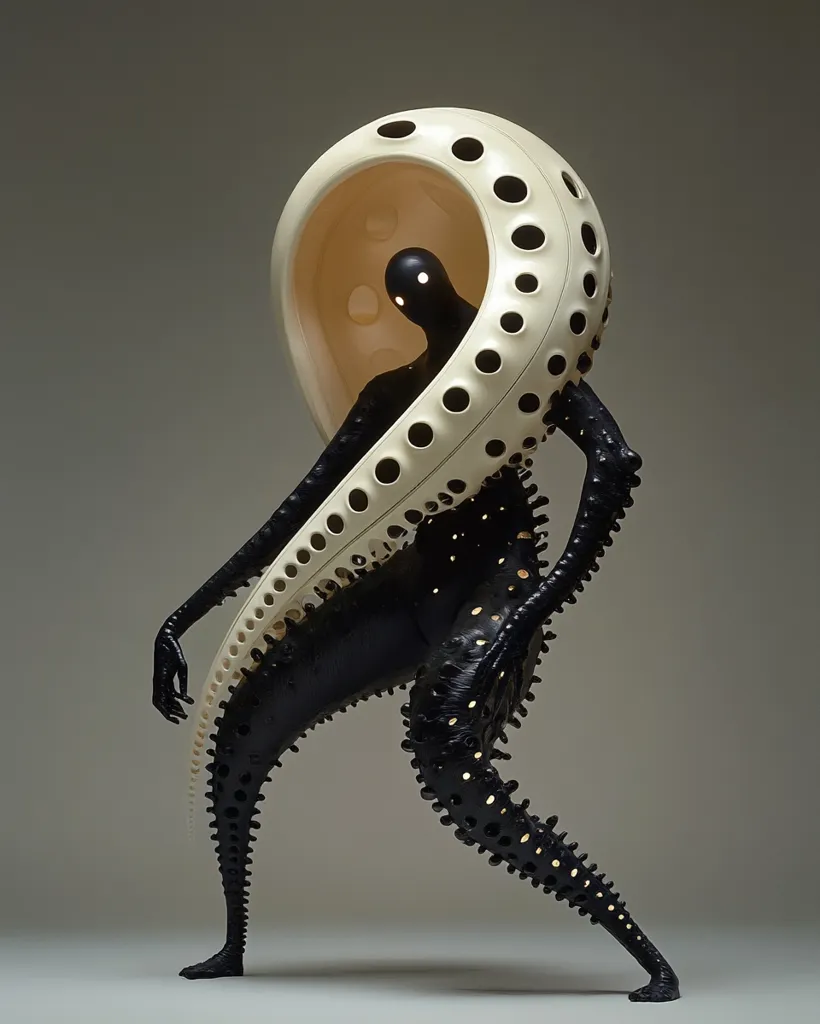 The sculpture is an abstract humanoid figure with a large, white, organic-shaped structure on its back. The structure is open and features a series of circular holes. The figure's body is black and has a textured surface with numerous small protrusions. It stands in a dynamic pose, with one leg bent and the other extended. The sculpture appears to be made of a smooth, polished material, perhaps ceramic or metal.  The figure's face is obscured by shadow, adding to the mysterious and otherworldly quality of the work.