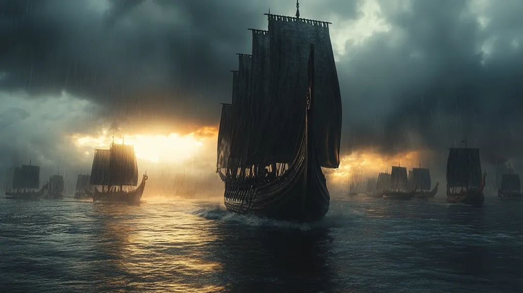 A fleet of Viking longships sails through a stormy sea at sunset. The ships are silhouetted against a dark, stormy sky, with only a sliver of golden sunlight breaking through the clouds. The ships are heading towards the horizon, with the largest ship in the center of the image. The scene is both majestic and menacing, suggesting the power and might of these warriors.