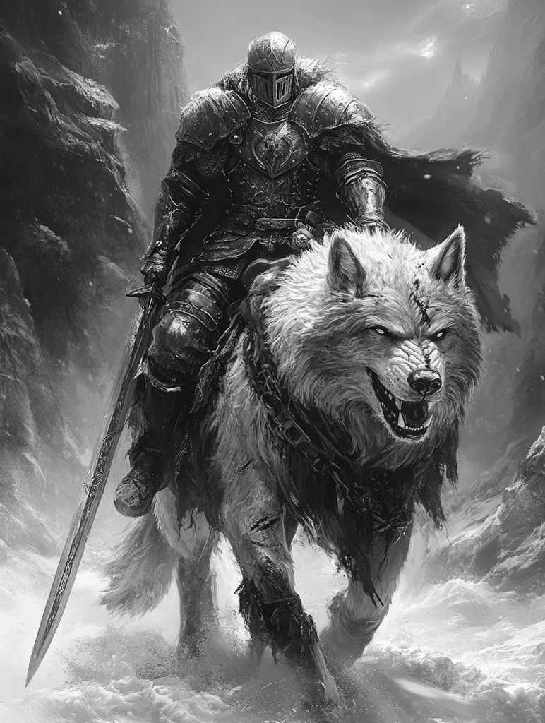 A knight in full armor, riding a large, white wolf, is depicted in a black and white illustration. The knight is mounted atop the wolf, holding a sword in his hand. Both the knight and the wolf are moving forward with determination, as if on a quest. The image is set in a snowy landscape, with mountains and clouds in the background. The atmosphere is one of adventure and danger.