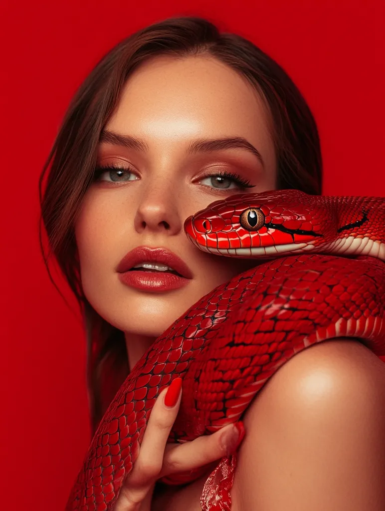 A young woman with long brown hair is posing with a red snake wrapped around her shoulder. She has on red lipstick and nail polish. Her eyes are looking at the camera and she has a neutral expression. The background is a bright red.  The overall image is bold and striking, with the woman and the snake appearing as if they are one.