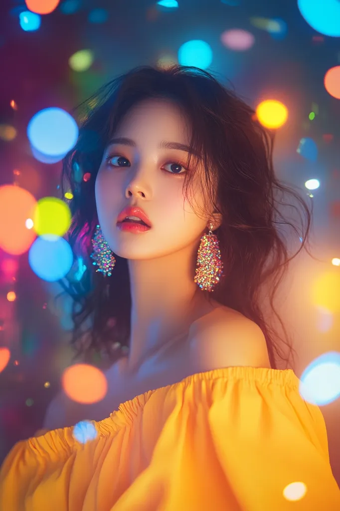A young woman with long, dark hair wears a bright yellow off-the-shoulder top and looks directly at the camera. She has delicate features, including large, dark eyes and full lips. The background is blurred with colorful lights and a festive, almost dreamy feel. The woman's expression is confident and alluring.  The image evokes a sense of excitement and celebration.