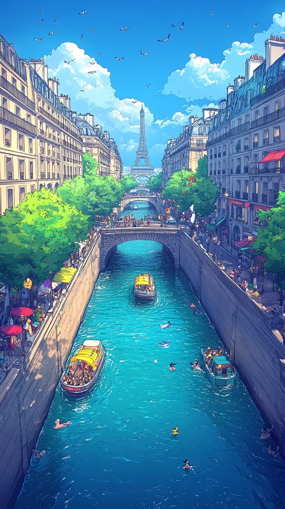 The image depicts a vibrant scene in Paris, with the Eiffel Tower standing tall in the distance. A picturesque canal cuts through the heart of the city, lined with charming buildings and bustling with life. People stroll along the banks, while boats glide on the clear blue water. The sky is a canvas of blue, dotted with fluffy clouds and the occasional seagull.  The overall atmosphere is lively and enchanting, capturing the essence of a sunny day in the City of Lights.