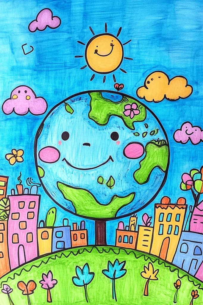 This is a child's drawing of a happy Earth with a smiling face, surrounded by a bright yellow sun, fluffy clouds, and a colorful cityscape. The Earth is green and blue, with a thick tree trunk growing from it. The drawing is full of vibrant colors and simple lines, showing a cheerful and optimistic vision of our planet.