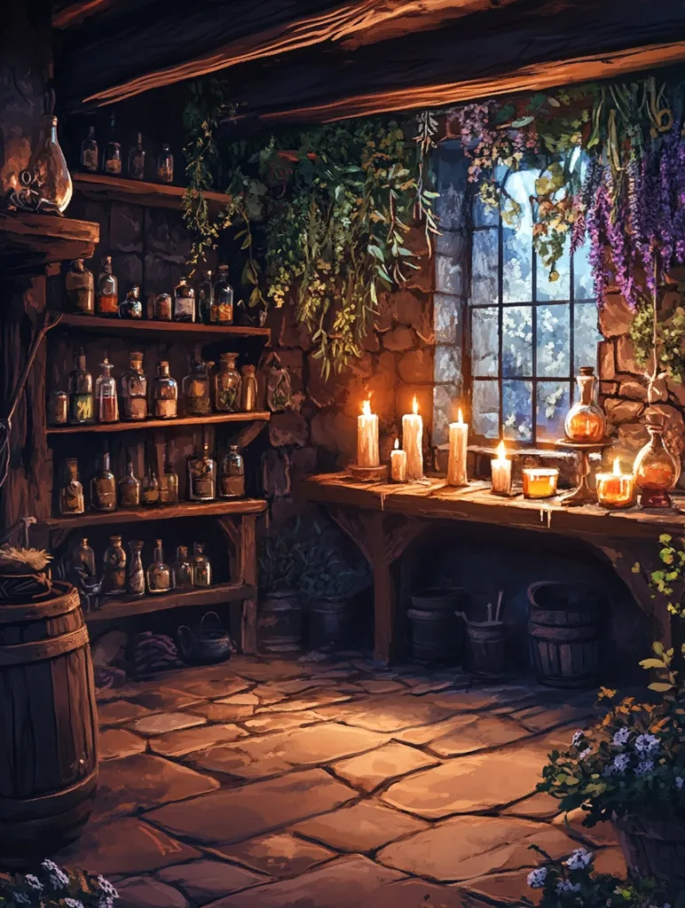A dimly lit stone room with wooden shelves overflowing with potion bottles, illuminated by candlelight and a window with a view of a moonlit forest. Dried herbs hang from the ceiling, creating a rustic and enchanting atmosphere. A large barrel sits near a stone floor, and the room is filled with an air of mystery and magic.