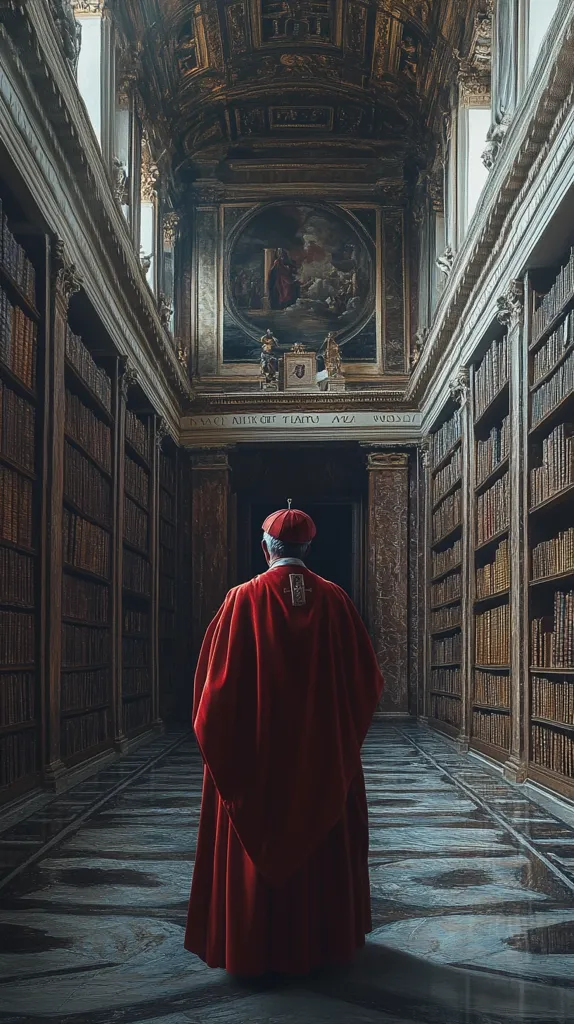 A figure in a crimson robe walks down a grand, marble-floored hallway lined with bookshelves overflowing with leather-bound tomes. The hallway is lit by a single window, casting a soft light on the ornate ceiling. The figure's back is to the viewer, and they appear to be heading towards a closed doorway at the end of the hall.  The image evokes a sense of mystery and the weight of history.