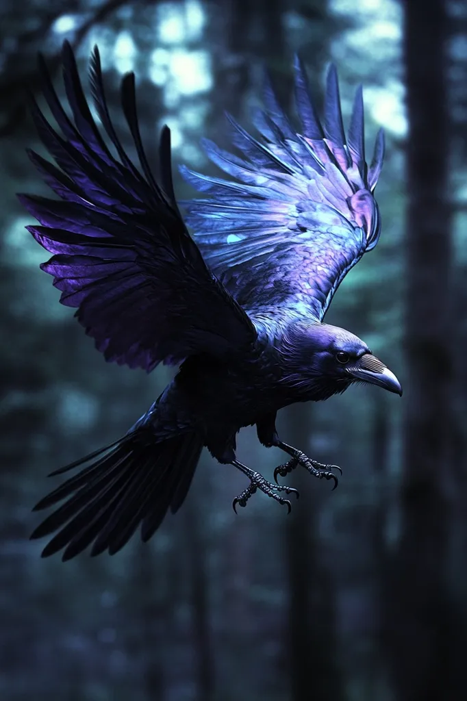 A black raven with iridescent blue wings flies through a dark forest, its sharp talons extended. The bird's silhouette stands out against the blurred background of trees and leaves. The lighting casts a mysterious and ethereal glow on the raven, enhancing its sense of mystery and intrigue.