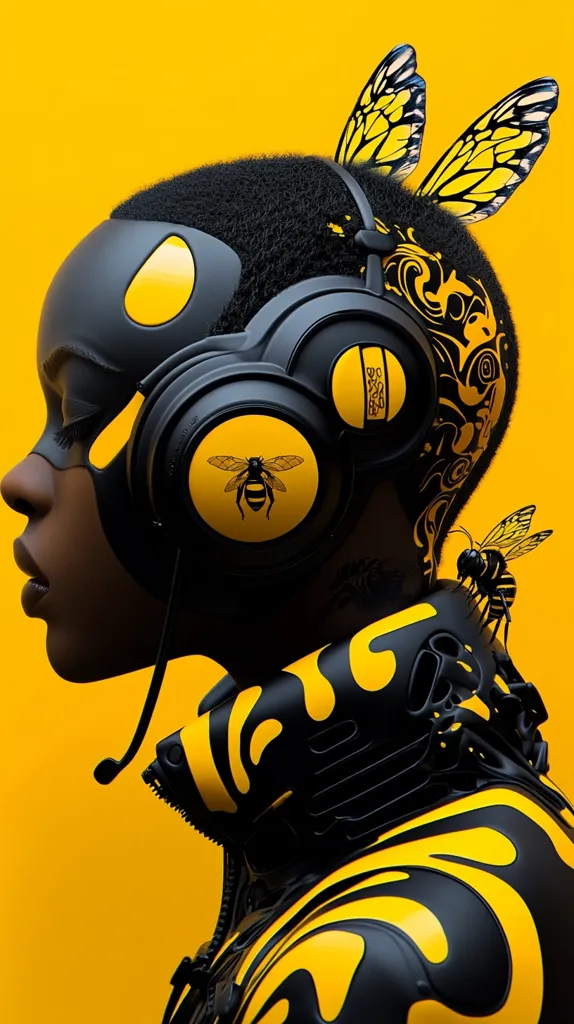A futuristic figure with black skin,  a black and yellow suit, and large headphones, is set against a bright yellow background. Their face is obscured by a black mask and a pair of butterfly wings are attached to their hair. The headphones have a bee icon on them and a bee is perched on their shoulder.