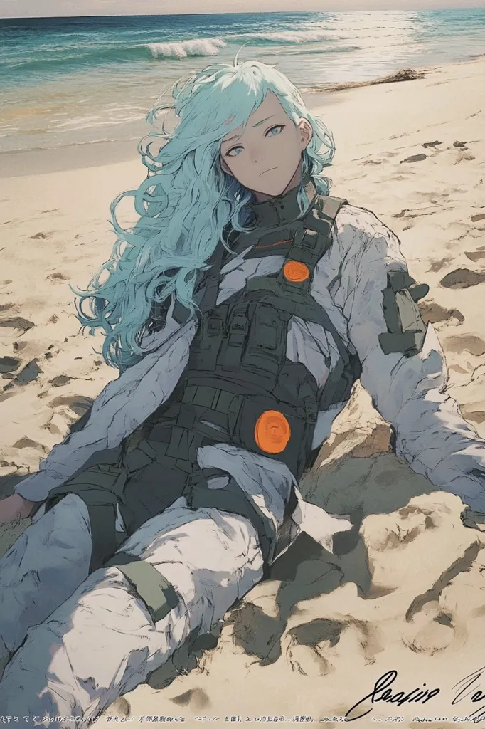 A young woman with long, flowing teal hair lies on a sandy beach. She is dressed in a white, military-style outfit with a dark green tactical vest and orange accents. The ocean is visible in the background, with a wave crashing in the distance. The woman's expression is serious and her eyes are narrowed, giving her a stoic and determined look.  The artwork has a soft, painterly style with a focus on detail and texture.
