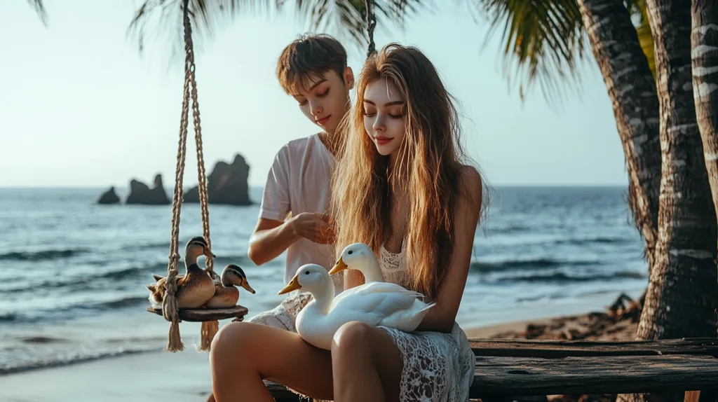 A young woman sits on a wooden bench by the beach, holding two white ducks on her lap. She has long brown hair and is wearing a white dress. Beside her, a young man with short brown hair is sitting on a rope swing, wearing a white t-shirt.  The ocean is calm and blue, and there are palm trees in the background. The image has a romantic and peaceful atmosphere.