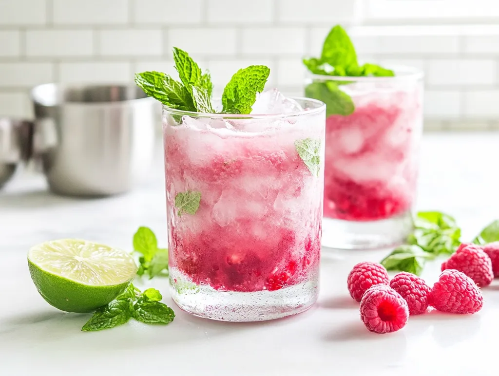 Two glasses filled with a pink, slushy drink, garnished with mint leaves and ice. The drink is likely a raspberry lemonade or a similar refreshing summer beverage. A half lime and a scattering of fresh raspberries add a touch of citrus and berry sweetness to the scene. The drinks are photographed on a white surface, suggesting a clean and inviting atmosphere.