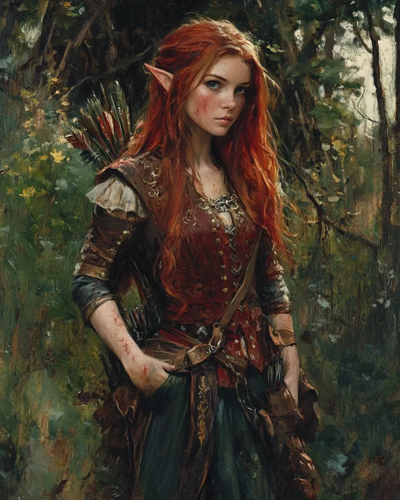 The image depicts a female elf with long, flowing red hair. She wears a brown leather jerkin over a red shirt, adorned with a gold belt and a quiver of arrows on her back. Her pointed ears and intense blue eyes suggest her elven heritage. The background is a lush, green forest, creating a sense of mystery and adventure. The painting's style is realistic, with detailed brushstrokes that capture the texture of the elf's hair and clothing. The overall impression is one of strength, determination, and a connection to nature.