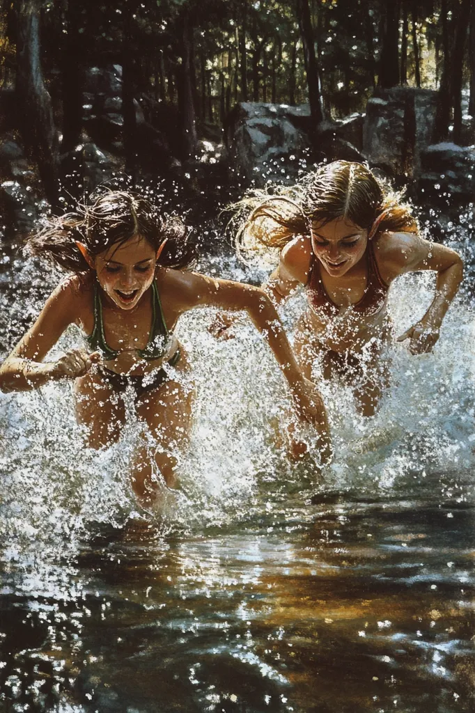 Two young women are splashing in a river, creating a spray of water. The woman in the foreground is wearing a green bikini and has long dark hair, while the woman in the background has long blonde hair and is wearing a red bikini. Both are smiling and seem to be enjoying themselves. The background is a forest with trees and rocks. The water is clear and bright, with sunlight reflecting off its surface. The image captures a moment of carefree joy and beauty in nature.