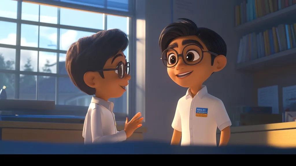Two young boys, both wearing glasses and white shirts, stand in a room with a large window. One boy is looking at the other with a smile on his face, while the other boy is looking off to the side. The room is brightly lit, with sunlight streaming in from the window. There is a bookshelf in the background, filled with books. The boy on the right has a nametag on his shirt that says "Rohan D. Perseverance."  The boys appear to be having a conversation.