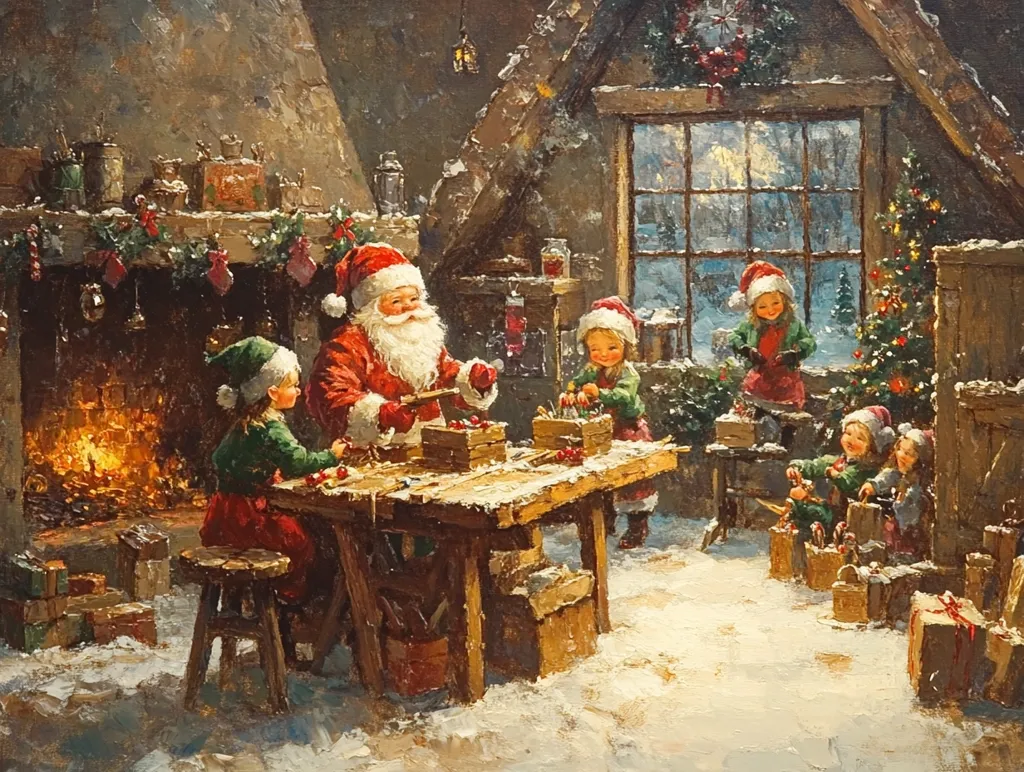 Santa Claus is working on a wooden table surrounded by children. He is dressed in his red suit with a white beard. The children are wearing Christmas-themed clothing and are helping Santa with his work. There is a fireplace in the background with a lit fire. The room is decorated with Christmas decorations, including a wreath on the window and a Christmas tree in the corner. The scene is set in a workshop with snow on the floor.  The warm lighting creates a cozy and festive atmosphere.