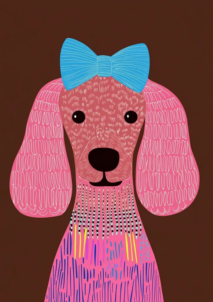 The image is of a pink poodle with a blue bow, its features are drawn in an abstract style with white and black outlines. It has large, floppy ears, and its fur is stylized with  small, wavy lines. The poodle's body is decorated with colorful stripes and patterns. The background is a solid brown.