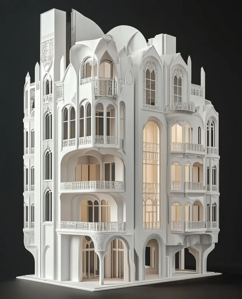 A white, intricately designed building with multiple floors and numerous windows. The building features balconies, arched doorways, and ornate details. The windows are lit from within, creating a warm glow. The building is isolated against a black background.