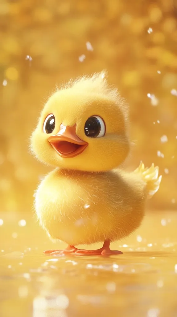 A cute, fluffy yellow duckling with big, round eyes stands on a golden surface, surrounded by shimmering particles of light. It has a small, orange beak and its webbed feet are just visible below its round body. The duckling's expression is one of cheerful innocence, capturing a sense of joy and new beginnings.  The image is rendered in a cartoon style, adding to its charming and whimsical nature.