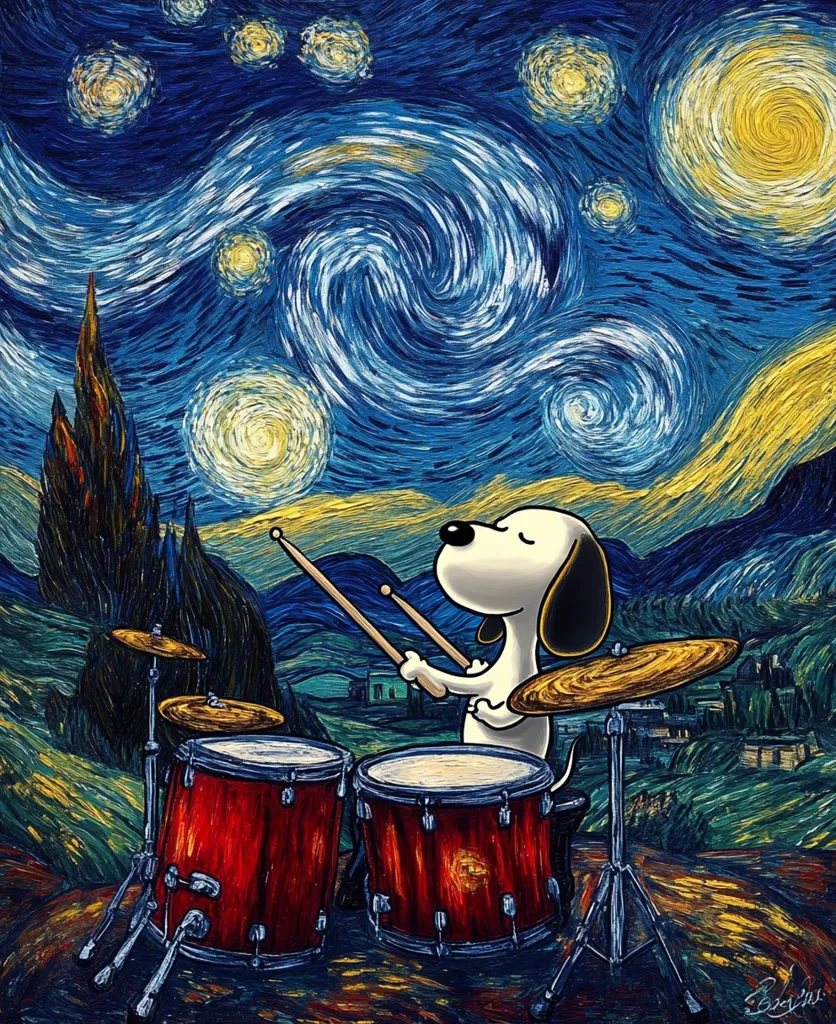 Snoopy, the beloved beagle from Peanuts, is depicted as a drummer, playing a set of drums against the backdrop of Vincent van Gogh's iconic "Starry Night." The swirling brushstrokes of the night sky create a dynamic and captivating scene, while Snoopy's focused expression and rhythmic movements add a playful and whimsical touch. The image combines the classic charm of Peanuts with the enduring beauty of art history.