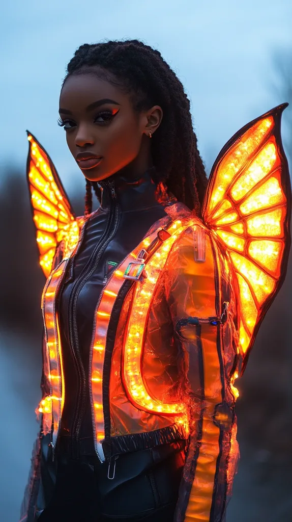 A young woman with dark braids wears a black leather jacket with a sheer orange overlay. The overlay is illuminated with LED lights that form a glowing butterfly pattern on her back. The image is lit by warm light from behind, making the subject glow in a futuristic and ethereal way.  The image evokes a sense of power and wonder.