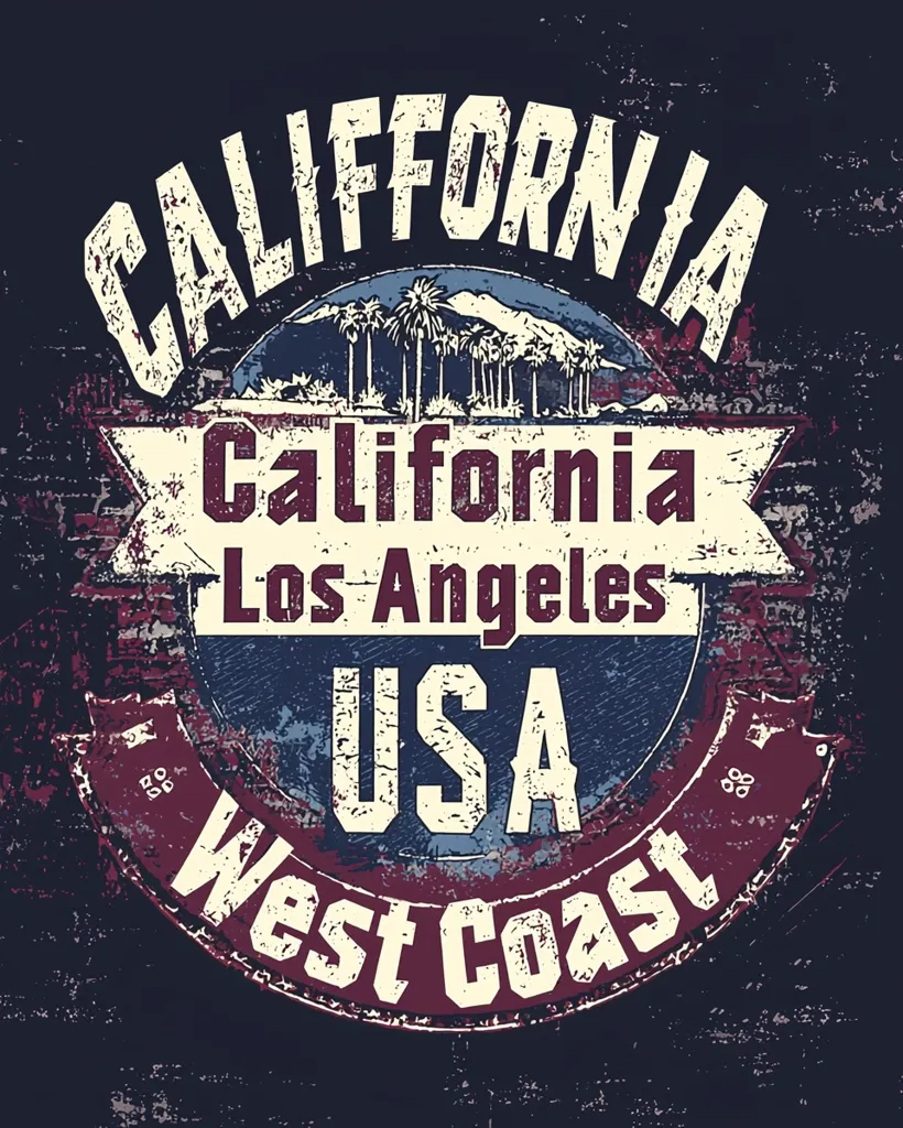 The image is a distressed graphic design with the words "California" and "West Coast" in large, bold, white letters with a red outline. The words "Los Angeles" and "USA" are smaller and in white. The background is a black and white distressed brick pattern. In the center is a blue circle with a silhouette of palm trees and mountains, representing California. The design has a vintage, retro feel.  The design is meant to evoke a sense of place and nostalgia for California.