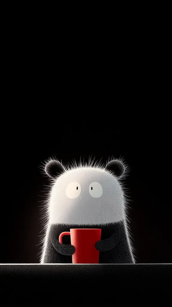 A cute, furry creature with large eyes and black ears sits at a table holding a bright red mug. The creature's white fur is highlighted by a soft light. The background is a deep black, creating a striking contrast with the creature's light fur and the red mug. The creature's expression is innocent and slightly surprised. The image is a whimsical illustration that evokes a sense of childlike wonder and playful charm.