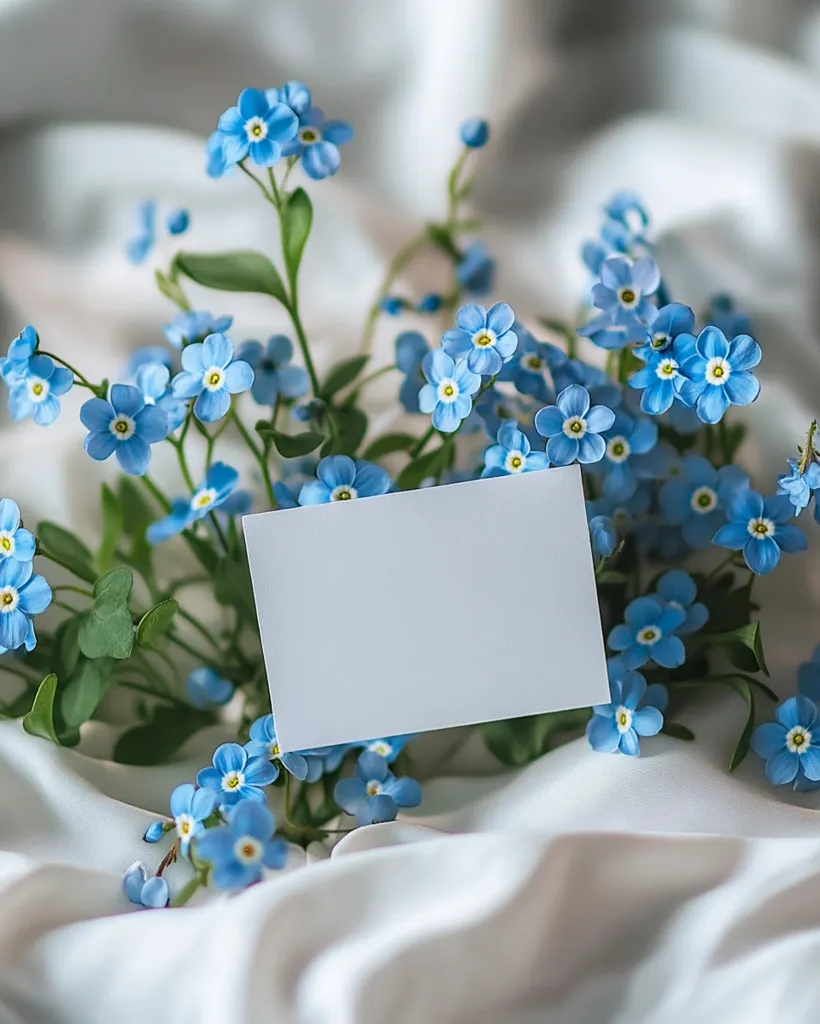 A blank white card rests on a bed of soft white fabric, surrounded by a cluster of delicate blue forget-me-not flowers. The flowers are in various stages of bloom, creating a sense of natural beauty and tranquility.  The simplicity of the scene allows the viewer to focus on the beauty of the flowers and the blank canvas of the card, inviting contemplation and personal interpretation.