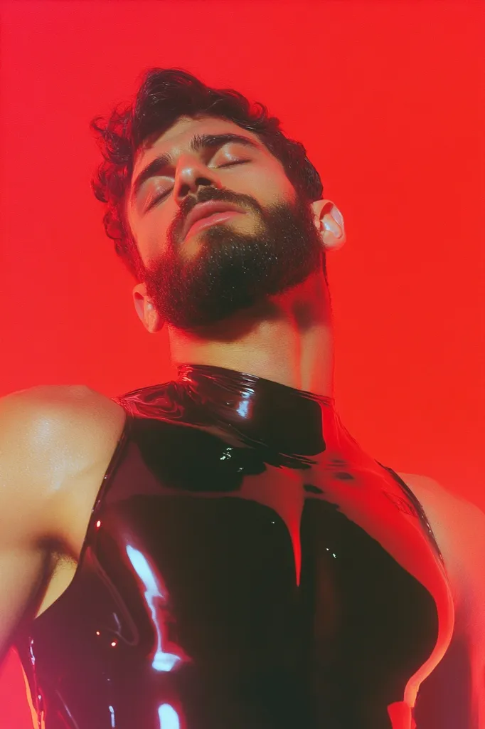 A man with a beard and dark hair is wearing a black, wet-look, sleeveless top. The background is a bright red, creating a strong contrast with the black of the top. His eyes are closed and he appears to be looking up. The image has a mysterious and sensual feel.