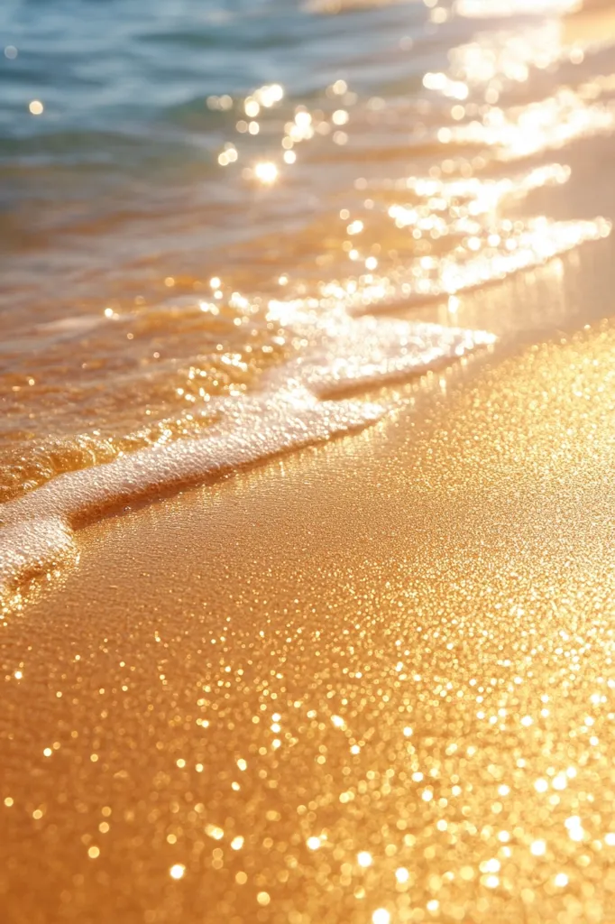 The image shows a close-up of a sandy beach with a wave gently lapping at the shore. The sun is shining brightly, creating a sparkling effect on the water and sand. The image captures the beauty of a sunny day at the beach, with soft, golden tones and a sense of tranquility. The blurry background adds to the sense of relaxation and serenity.