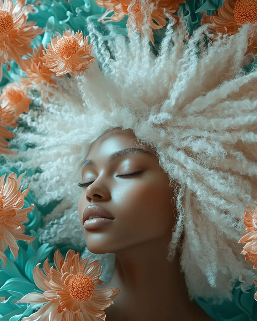 A young woman with long, white, curly hair lies amongst a bed of light orange flowers with teal-colored foliage. She has her eyes closed and her face is glowing. The light is soft and warm, creating a dreamy and ethereal atmosphere.
