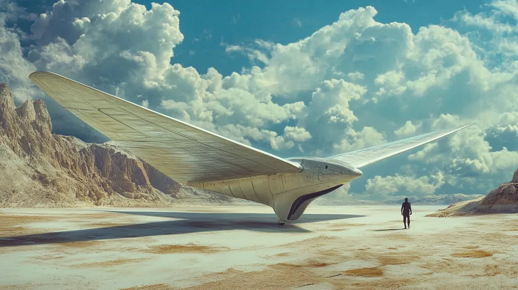 A large, futuristic aircraft, with a long, thin wingspan, rests on a desolate, sandy plain. The sky is filled with fluffy white clouds, casting soft shadows on the ground. In the distance, a lone figure walks towards the aircraft, dwarfed by its size. The scene is one of both isolation and wonder, hinting at a world both vast and mysterious.
