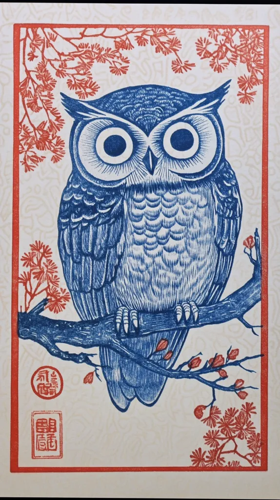 The image is a woodblock print of an owl perched on a branch. The owl is blue and white with large, round eyes. The background is cream with red branches and flowers. The image is framed in a red border and includes two Japanese stamps. The print is stylized and uses bold lines. The artist has captured the owl's majestic presence.
