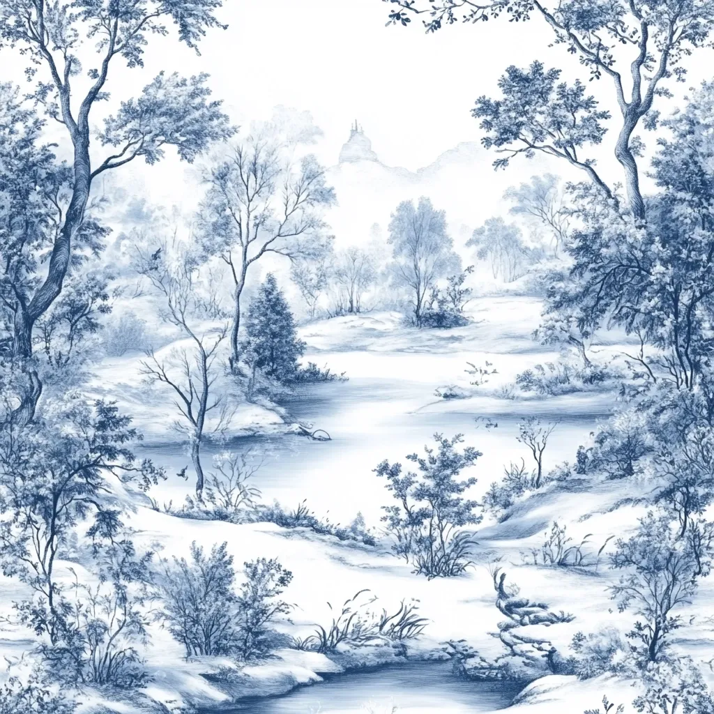 The image depicts a serene landscape in shades of blue. A winding river flows through a forest, surrounded by trees and bushes. In the distance, a hilltop with a structure is visible, creating a sense of depth and perspective. The scene is rendered in a delicate, almost watercolor-like style, evoking a sense of tranquility and beauty.  The cool blue tones create a peaceful and calming atmosphere.